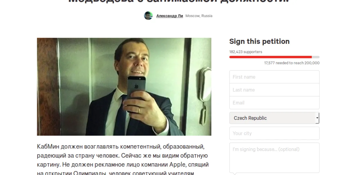 Medveděve, odejdi, říká přes 180 tisíc podpisů v petici