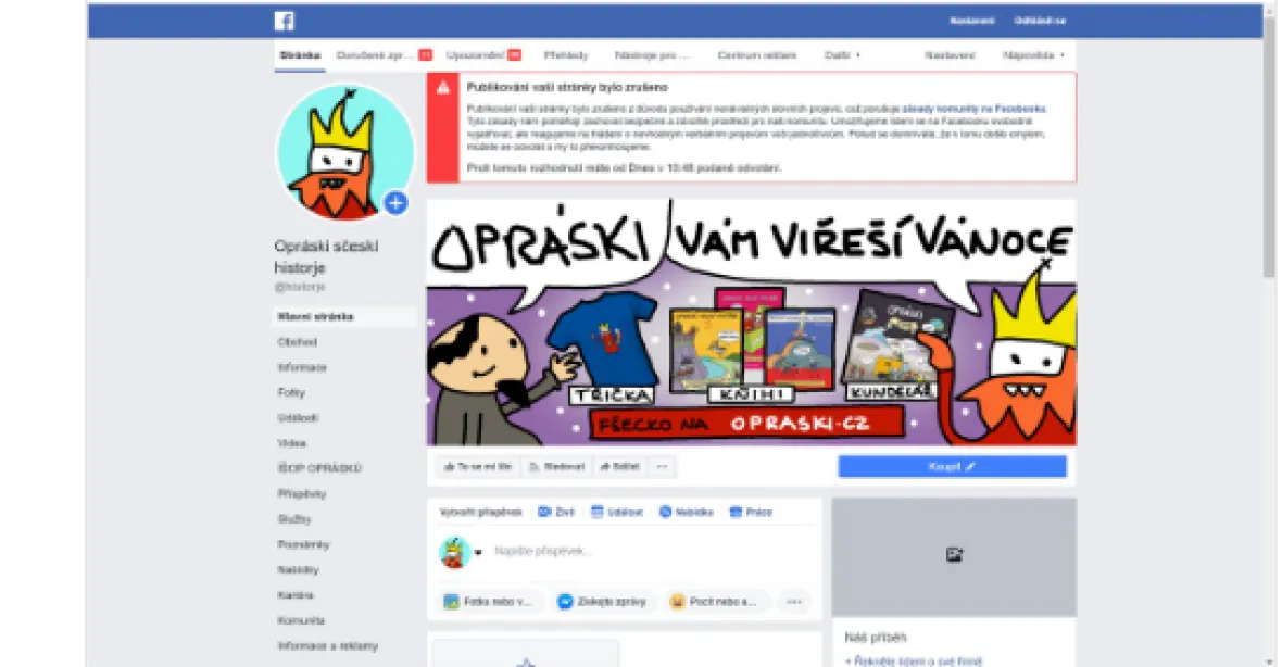 Facebook na několik hodin zrušil populární stránku „Opráski sčeskí historje“