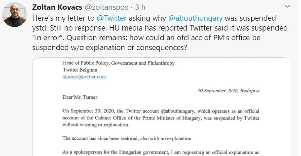 Twitter bez vysvětlení pozastavil účet maďarské vlády